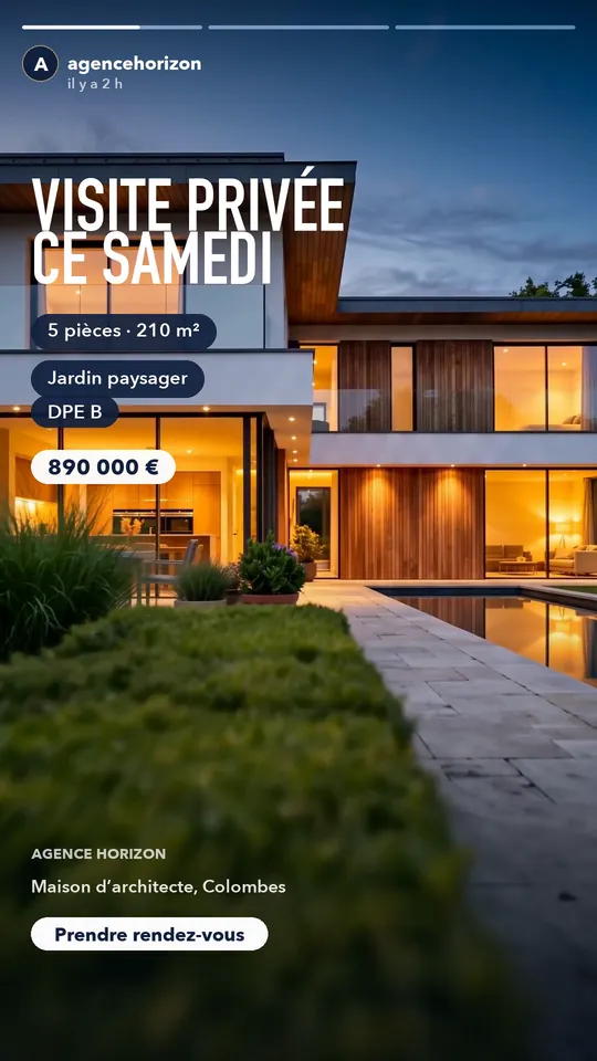 Story verticale montée par Arya pour une maison d'architecte : visite privée ce samedi, 5 pièces, 210 m², jardin paysager, 890 000 €, et un bouton Prendre rendez-vous.